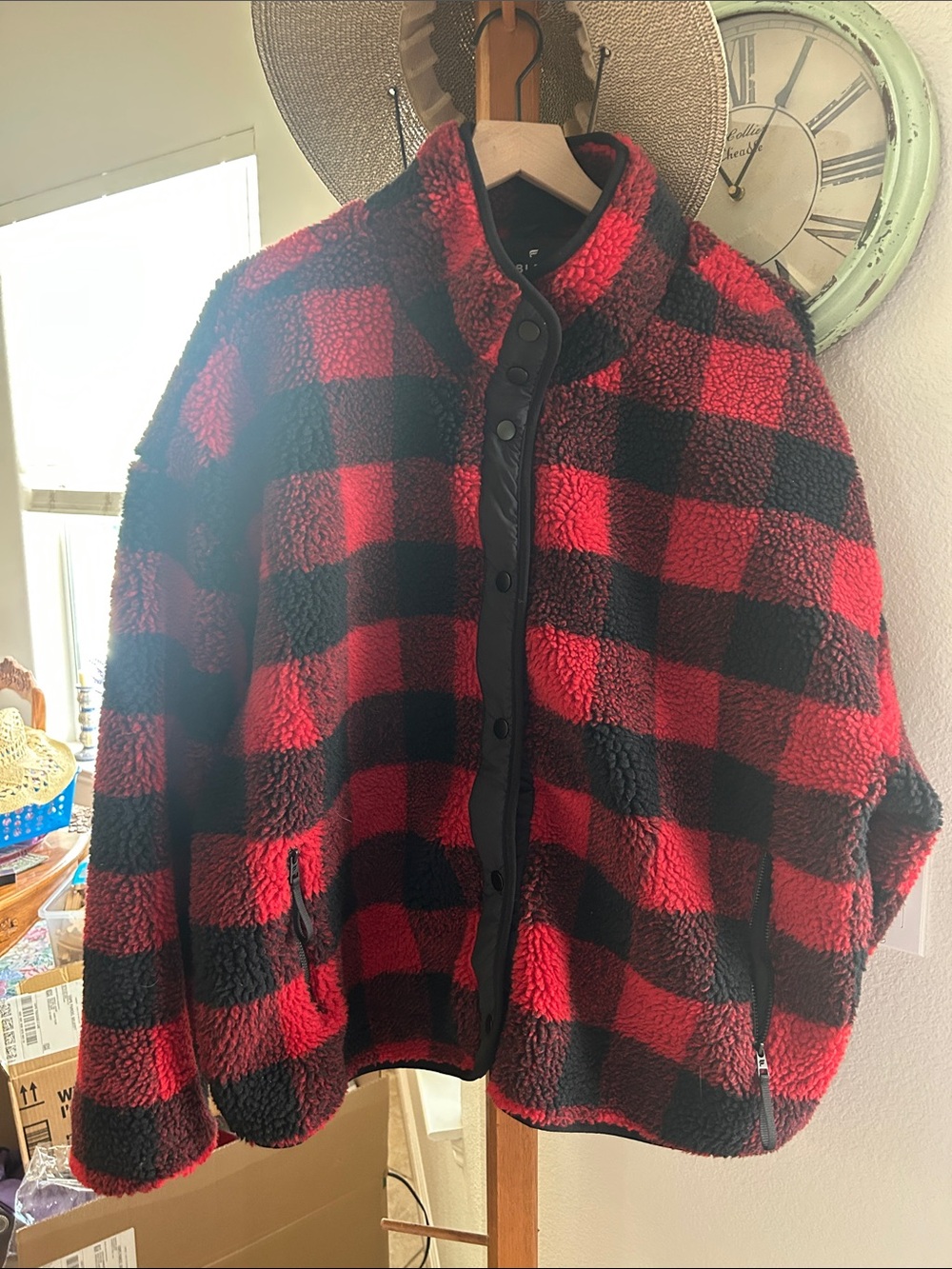 Fabletics Red and Black Buffalo Plaid Sherpa Bomber Jacket